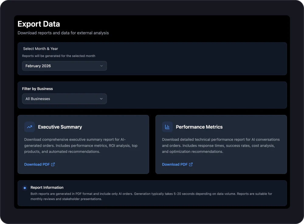 Export data and reports view