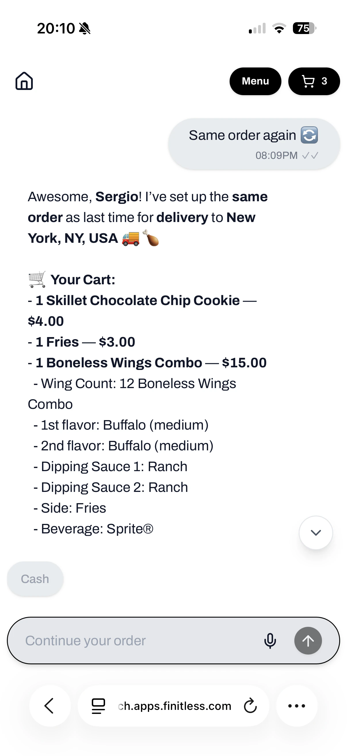 Web chat ordering agent